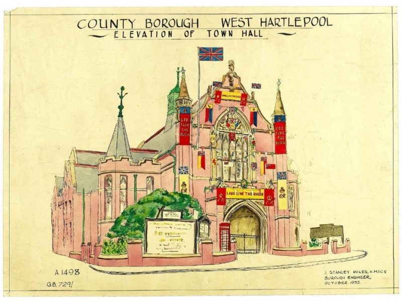 Images show the decoration plans for the national Coronation celebrations on the Town Hall and Municipal Buildings. Courtesy of Teesside Archives.